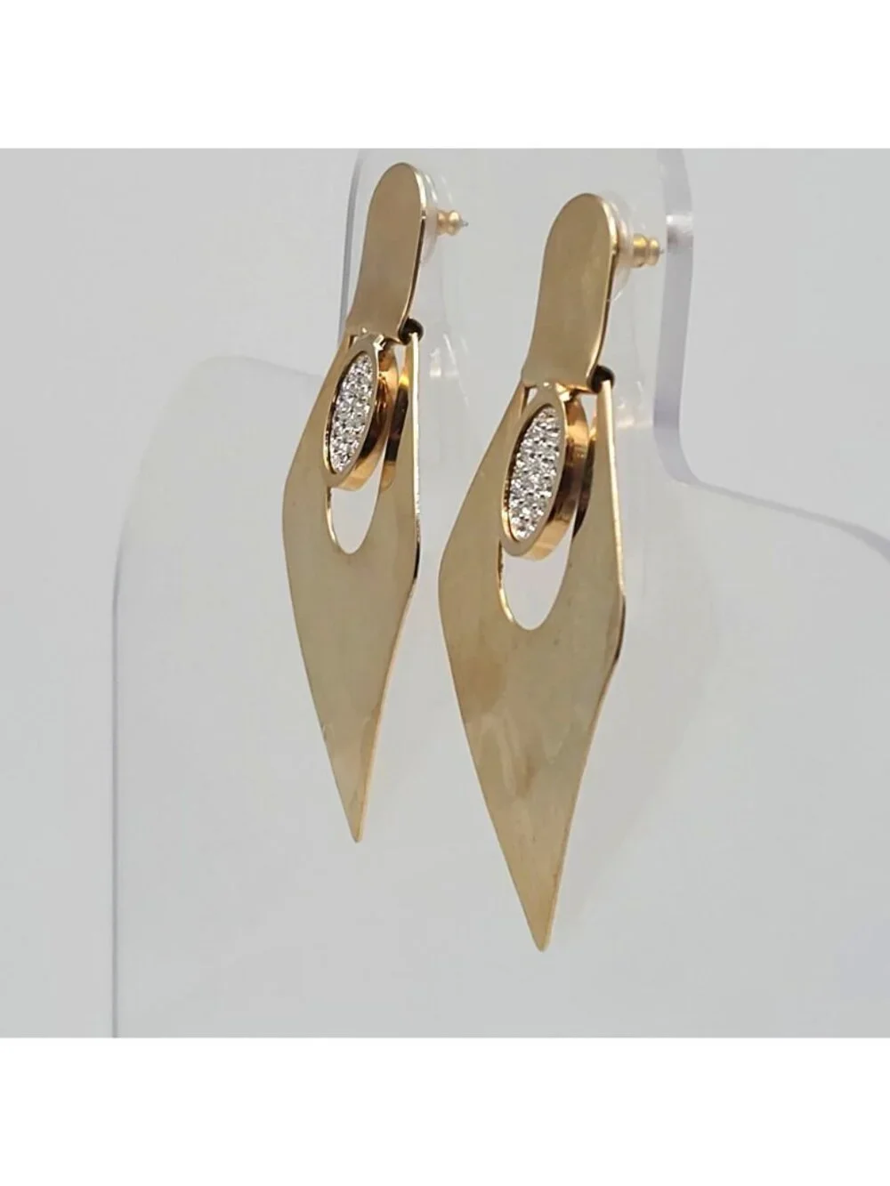 Vintage Hammered Gold Tone Geometric Diamond Dangle Drop Earrings Pave Rhineston